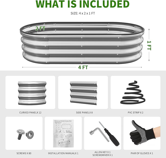 Planter Raised Beds Metal Kit, 4×2×1ft 2 Pack for Outdoor Planter Boxes with Easy Assembly,Oval Large Galvanized Garden Beds for Vegetables, Fruits, Flower Silver