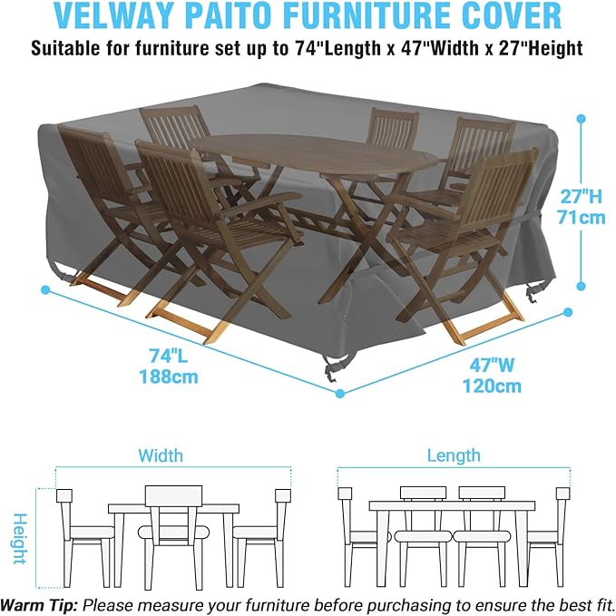 Velway Patio Table Chairs Set Cover Square Waterproof 74"Lx47"Wx28"H Outdoor Bistro Dining Set Cover Ultra Windproof UV-Resistant