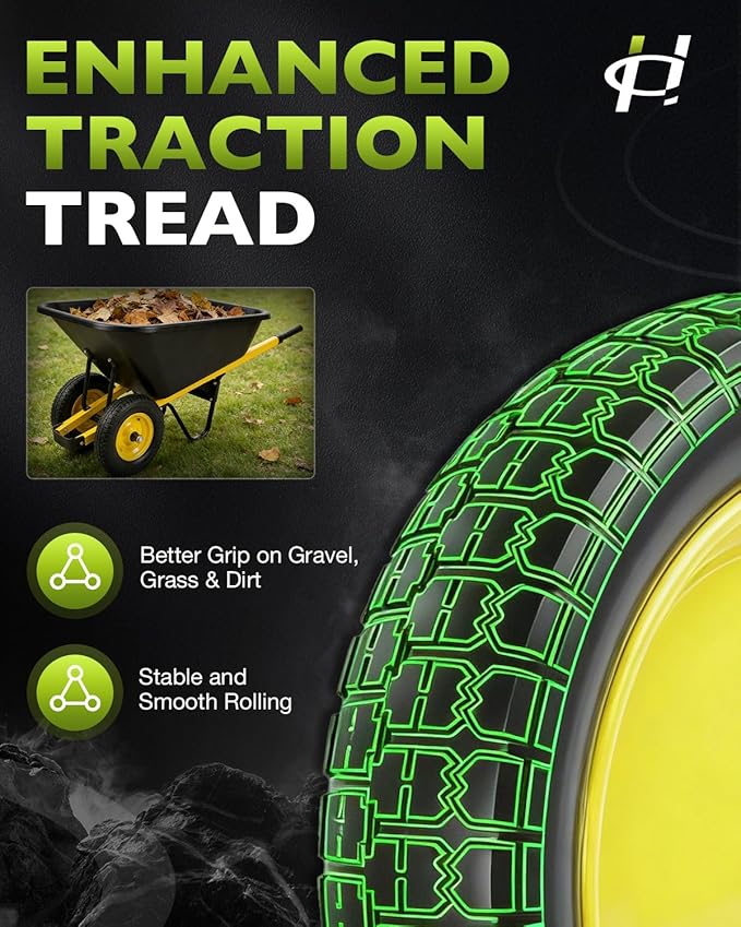 4.80/4.00-8 wheelbarrow tire, 16" Flat Free Solid Tire and Wheel, 3" Centered Hub, 5/8" & 3/4" Bearings, Universal Replacement for Garden Carts Wagon Wheel Barrow, 2 Pack