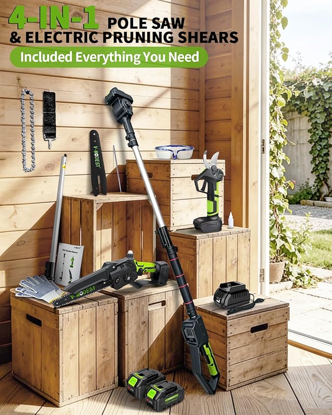 4-in-1 Pole Saw & Electric Pruning Shears, 8 Inch Pole Saws for Tree Trimming, Cordless Pruning Shears with 15ft Max Extension Pole, 2 * 4.0Ah Battery Powered Pole Saw Pole Pruner for Garden