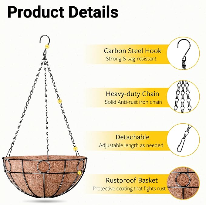 ZeeDix Complete Hanging Basket Kit – 2 Pack 16 Inch Wire Baskets with Coco Liners + 4 Pack 24 Inch Heavy Duty Black Chains for Indoor & Outdoor Garden, Patio, Balcony