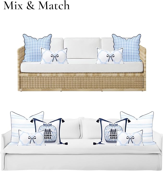 Hofdeco Premium Coastal Hampton Patio Indoor Outdoor Lumbar Pillow Cover Only, 12"x20" Water Repellent for Backyard, Couch, Poolside, Baby Blue Navy Embroidered Ribbon Bow Tie on Leaves