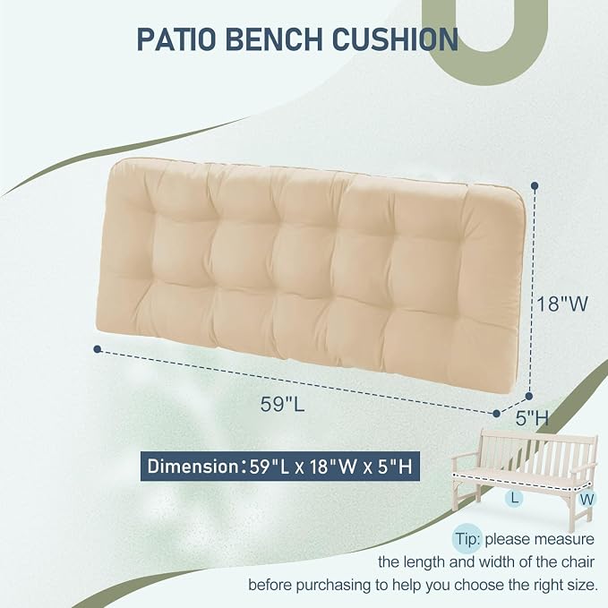 downluxe Outdoor Bench Cushion for Patio Furniture, Water Resistant Tufted Overstuffed Porch Swing Cushions, Thick Outdoor Loveseat Cushions, 59" x 18" x 5", Beige, Set of 1