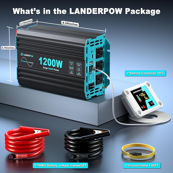 1200 Watt Pure Sine Wave Inverter, Power Inverter for Car, Camping, Solar, RV, Truck, Home, 12V DC to 120V AC Inverters with 3 AC Outlet, 30W USB-C, 5V 3.1A USB, Remote Control, Surge 2400W