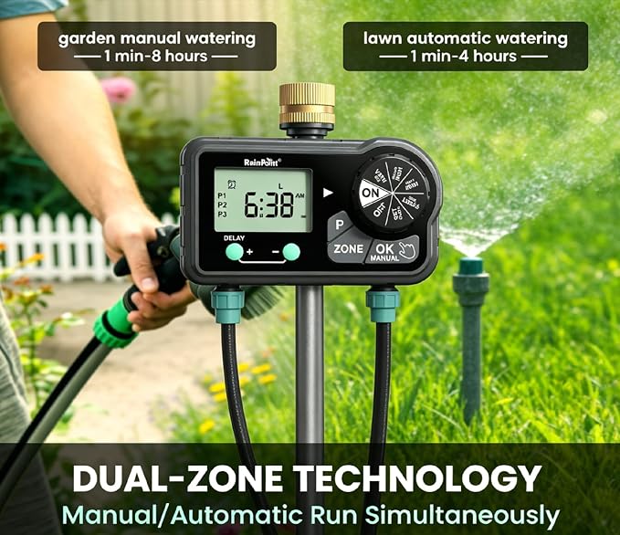 RAINPOINT 2 Zone Water Sprinkler Timer, Digital Programmable Irrigation Timer with Rain Delay & Manual Mode, Automatic Watering Controller for Lawn, Yard & Soaker Hose