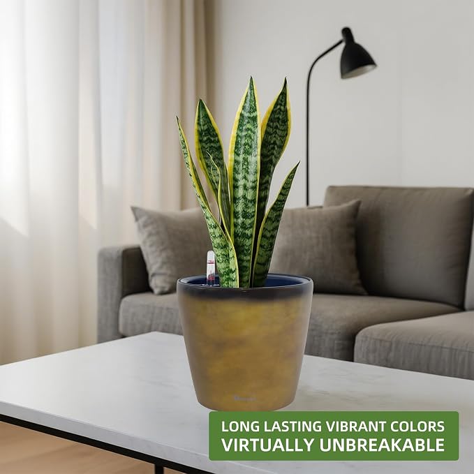 Dexceder 9x8 Self Watering Planter (Yellow Brown Gradient) | Inner Pot Design, Thickened Table Flower Plant Pot with Water Level Indicator Indoor Outdoor