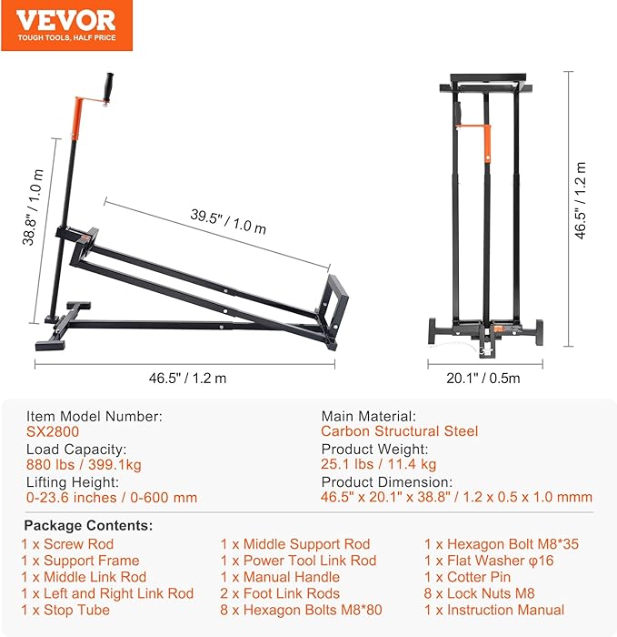 VEVOR Ride on Lawn Mower Lift Jack, 880 Lbs Weight Capacity, Telescopic Maintenance Jack with Crank Handle & Power Tool Handle, Foldable Lawn Tractor Lifter for Lawn Mowers and Garden Tractors, Black