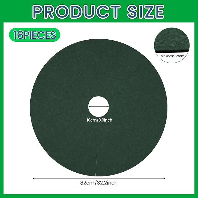 Shimeyao 16 Pcs 32. 2 Inch Non Woven Tree Mulch Ring Round Tree Weed Barrier Mat Reusable Landscape Protector Base Barrier Fabric for Weed Root Protection (Green)