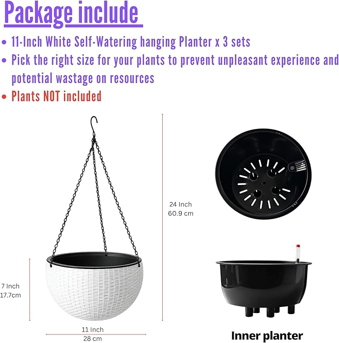 LaLaGreen Hanging Planters for Indoor Plants (11 Inch, 3 Pack) Self-Watering Round Flower Pots with Water Level Indicator, White Rattan Style Baskets with Metal Chain for Balcony, Porch Garden Outdoor