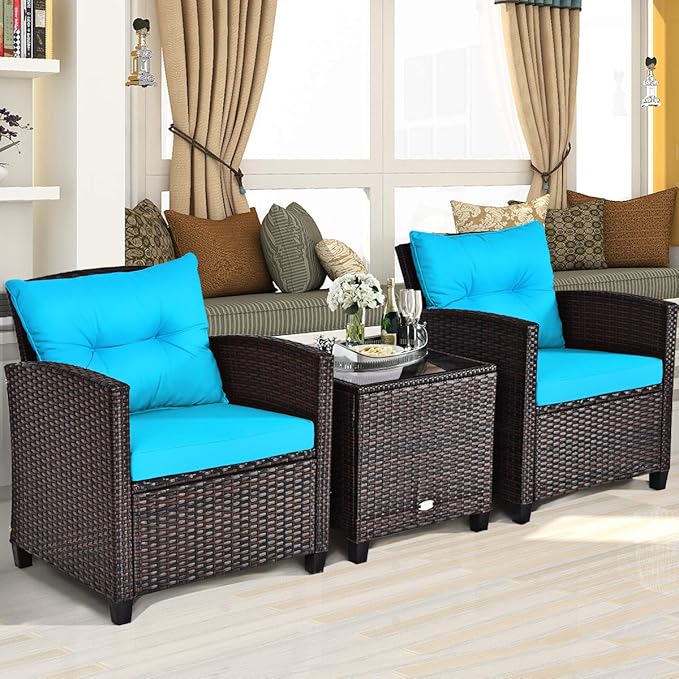 COSTWAY 3PCS Patio Furniture Set, PE Rattan Wicker Sofa w/Washable Cushion and Coffee Table, Tempered Glass Tabletop, Outdoor Conversation Set for Balcony, Porch, Yard, Backyard, Lawn, Turquoise