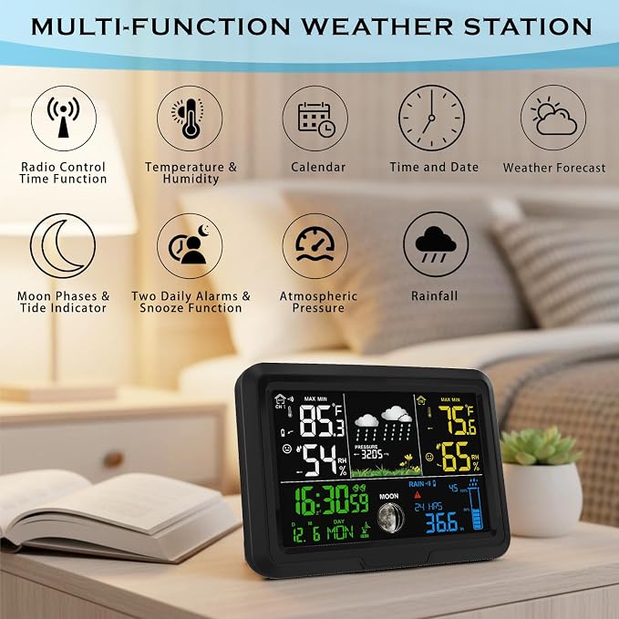 Digital Wireless Rain Gauge Outdoor, Home Weather Station Wireless Indoor Outdoor with Self-Emptying Rain Gauge, Thermometer, Barometer, Hygrometer, Atomic Clock, Weather Forecast and Alerts