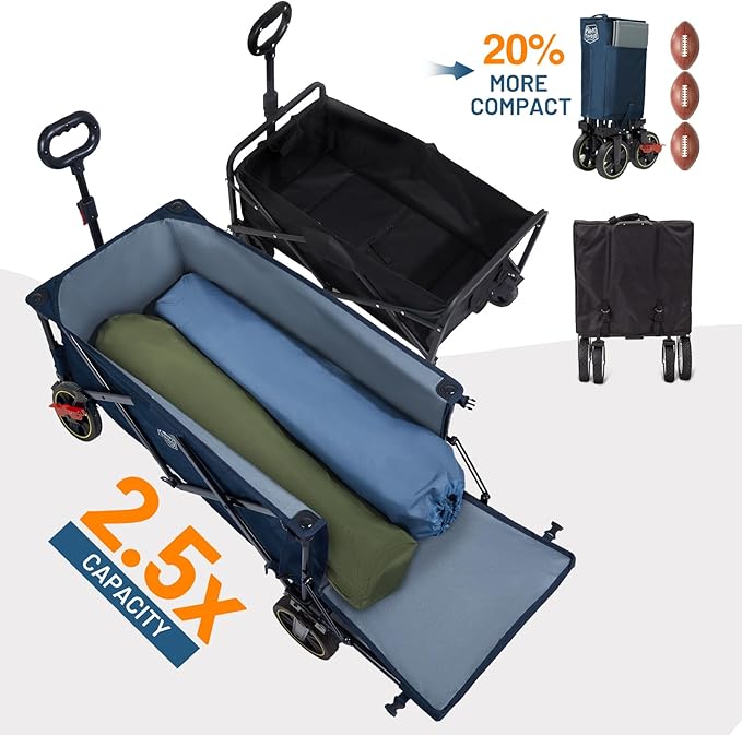 Timber Ridge 49" Extra Long Collapsible Folding Wagon with Tailgate and Brakes, 300lbs Heavy Duty Foldable Wagon with Adjustable Handle, 250L Capacity Portable Cart for Outdoor Camping Sports, Blue