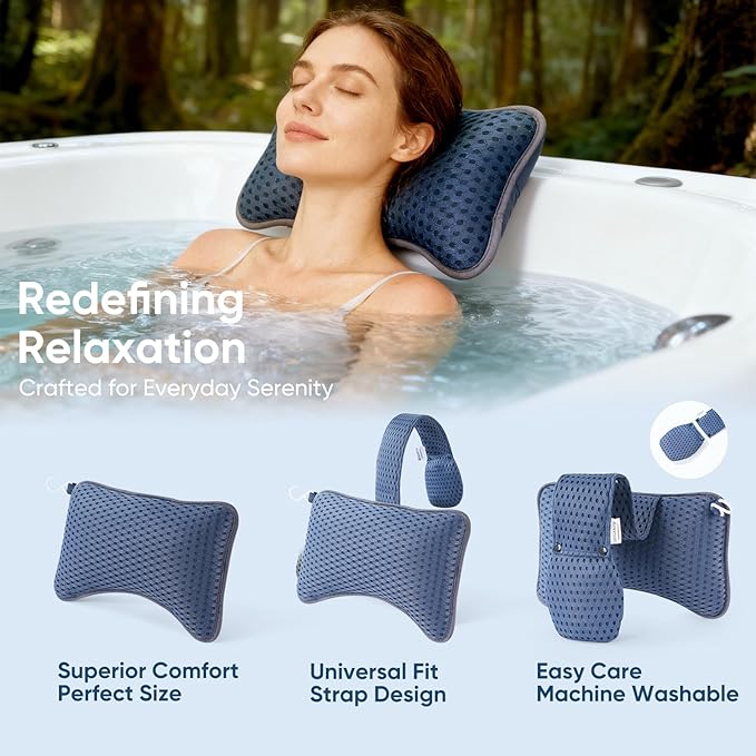2-Pack Large Pillows for Hot Tub (Blue), Spa & Chaise Lounge – Universal Headrest & Neck Support Cushion with Removable Weighted Pouch, Long Strap for Height Adjustment & Easy-Dry Hook