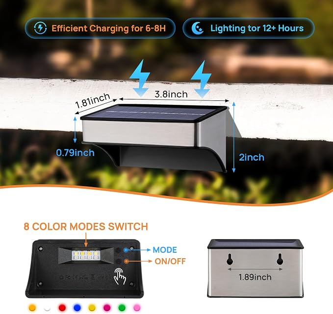 Solar Deck Lights 4 Pack Outdoor Waterproof - Step Lights for Stairs & Fence, 8 Color Changing Security Lighting with Auto On/Off, Wall Lights for Patio/Yard/Pathway (Warm/Cool White + RGB)