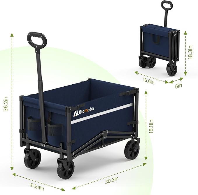 Blomoba Collapsible Wagon Cart, 220LBS Heavy Duty Collapsible Wagon with All-Terrain Wheels 360° Rotation, Flexible Handle, Portable Utility Cart for Grocery Sports Garden Shopping Camping Beach, Blue