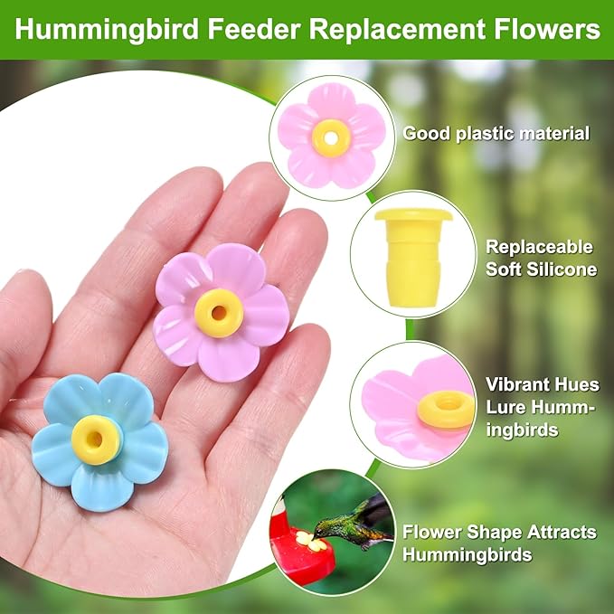 M METERXITY 16-Pack Hummingbird Feeder Replacement Flowers, Plastic Pet Hummingbird Feeding Parts Feeding Ports for Outdoor Hanging Feeders, Bees Guards [Rose Pink, Blue]