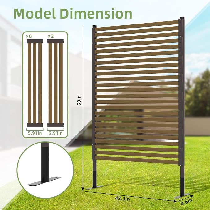Privacy Screen Outdoor Freestanding with Base Feet,3.6ft×5ft Wood Grain PE-Coated Steel Fence Panels for Outside Garden Patio,Dark Brown