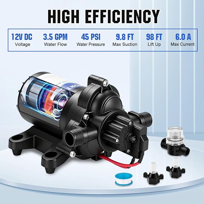 ECO-WORTHY RV Fresh Water Pump 12V DC 3.5GPM 45PSI with Pressure Switch, 12Volt Self Priming Water Pressure Diaphragm Pump On demand for RV Yacht Camper Sprayer Food Truck Black