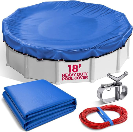 18 Ft Round Premium Heavy-Duty Winter Pool Cover - Royal Blue, Extra Thick and Durable, Tear-Proof, UV-Resistant, Reinforced Edges, Easy Install, All-Season Protection for Above Ground Pools