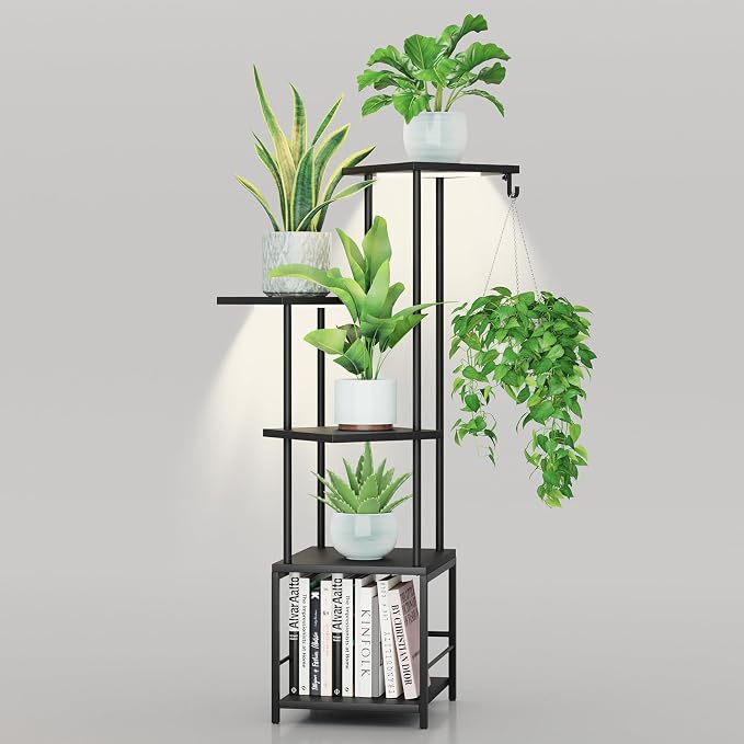 Homsorout Plant Stand Indoor with Grow Light - 5-Tier Metal Plant Shelf with Hanging Basket Hook, Corner Tall Flower Holder for Multiple Plants, Living Room Balcony Garden Patio, Black