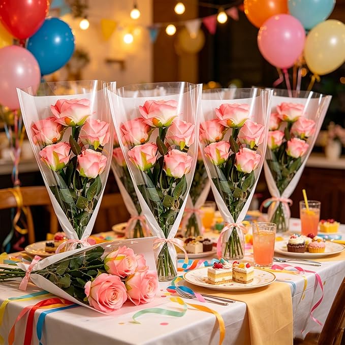50 Pack flower bouquet wrapping paper-9.8in x 18in x 3.9in, flower bags for bouquets, bouquet bags Kraft floral wrapping paper, Flower Sleeves Wrapping Bags Perfect for Birthday, Wedding(White)