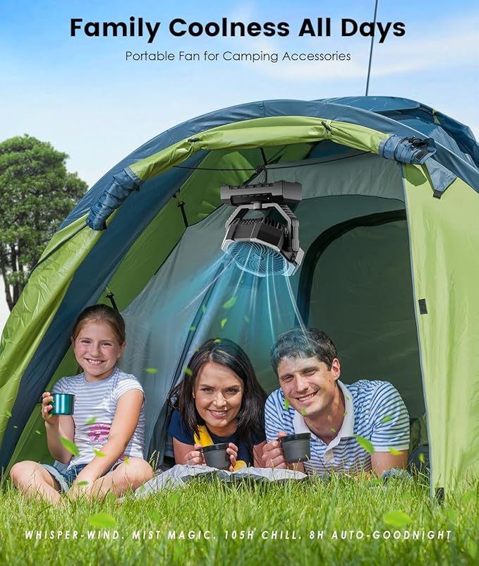 Camping Misting Fan - 24000mAh Portable Battery Powered Fans with 9oz Water Tank, Light, Hook - Rechargeable, 120H Cooling, Last 5H Mist, 4 Speed, Sleep Mode - Outdoor Gear, Travel Essentials