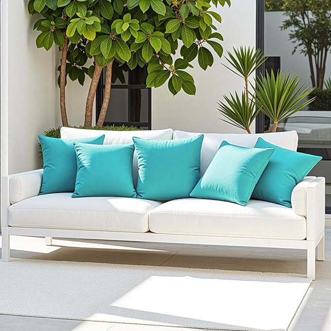 Premillow Outdoor Pillow Covers Set of 2, Decorative Farmhouse Waterproof Pillow Covers, Solid Linen Pillowcase Cushion Covers for Patio Garden Balcony Couch Sofa 18x18 inch, Blue
