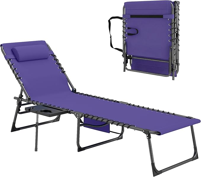 Outsunny Folding Chaise Lounge Chair Outdoor Tanning Chair with Side Table, 5-Level Adjustable Beach Lounge Chair with Headrest, Side Pocket for Patio, Backyard, Beach, Poolside, Purple