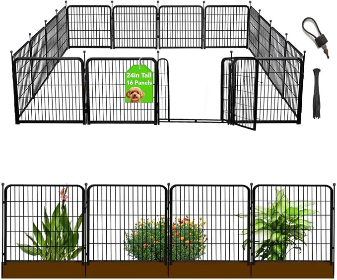 Getlay 24 in(H) Decorative Garden Fence with Gate,16 Panels Total 31.4 Ft(L) Heavy Duty Iron Animal Barrier Fence for Yard,Suitable for Indoor Pet Or Outdoor Dog Fencing, Garden Border Fence