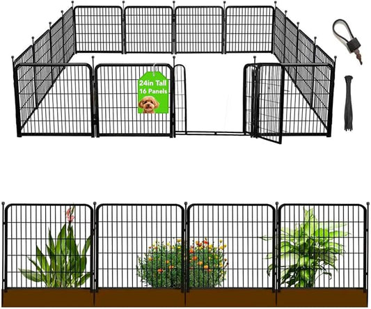 Getlay 24 in(H) Decorative Garden Fence with Gate,16 Panels Total 31.4 Ft(L) Heavy Duty Iron Animal Barrier Fence for Yard,Suitable for Indoor Pet Or Outdoor Dog Fencing, Garden Border Fence