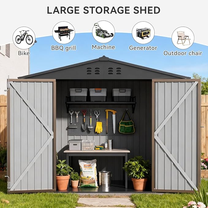 COMHOMA Shed Storage Outdoor Metal Windowed Lockable Weatherproof Ventilated Backyard Garden Utility Workshop(Brown,8'*6')