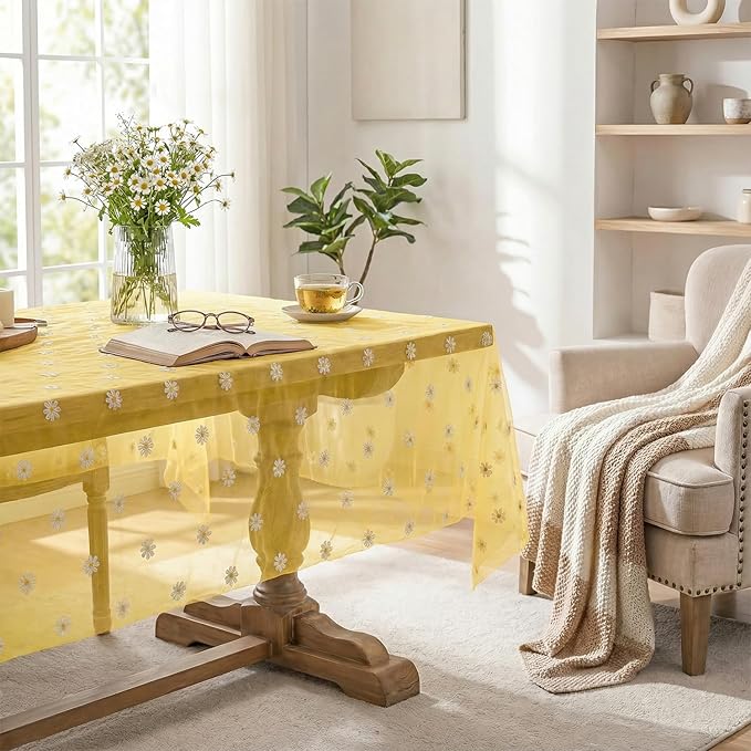 Horaldaily Yellow Embroidery Daisy Spring Summer Gauze Tablecloth 60×120 Inch Rectangular, Seasonal Tulle Table Cover, Garden Party Decorations for Wedding, Party, Holiday Dining