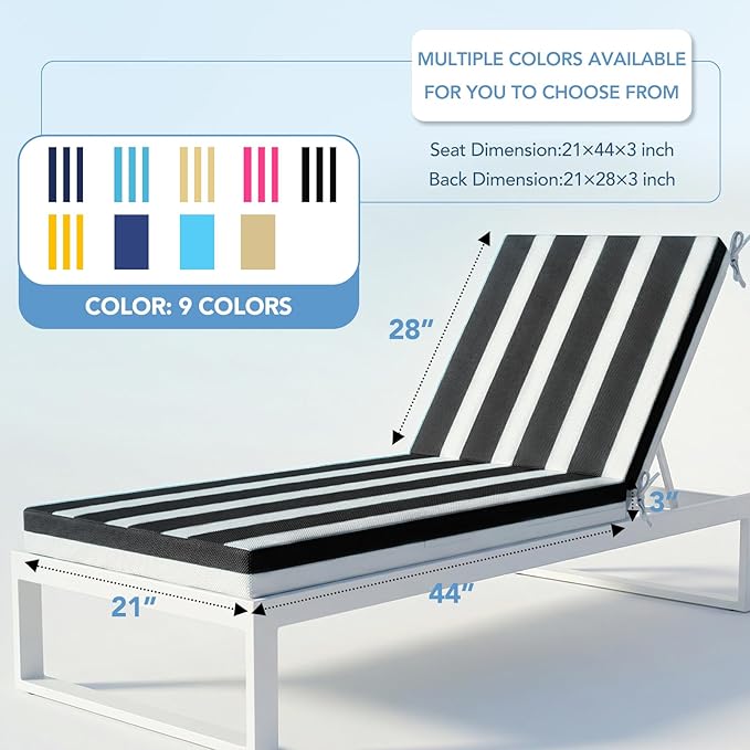 L'AGRATY Outdoor Lounge Chaise Cushion: 72x21x3 Inch Waterproof Lounge Chair Cushion for Outdoor Furniture with Fade Resistant Removable Cover - Patio Cushions for Pool Lawn Deck(Black White 2Pcs)