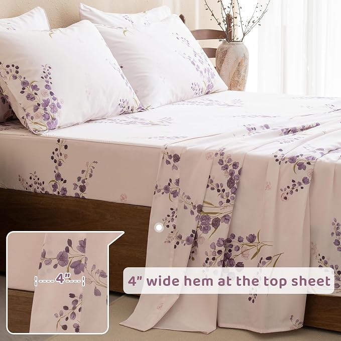 QSH Purple Floral Bed Sheets King Size 100% Egyptian Cotton Lavender Flower Bedding Sheets King Size Bedsheets Sets 17.5" Extra Deep Pocket 4pcs