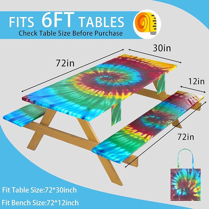 Fitted Waterproof Picnic Table Cover with Bench Covers Elastic 72×30In 3 Piece Camping Table Cloth for 6Ft Rectangle Tables Outdoor Camper Gifts Supplies Patio Rv Traveling Hiking Must Haves