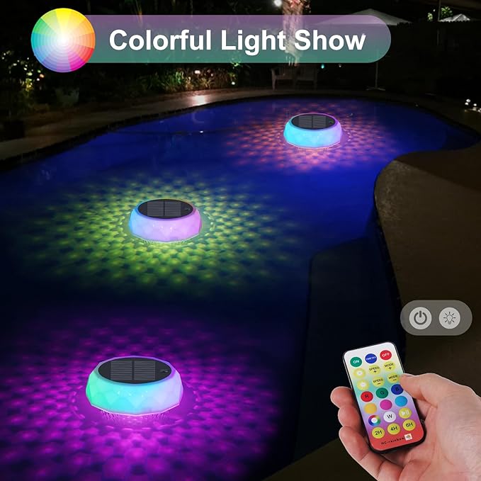 Solar Pool Chlorine Floater, Floating Colorful Induction Lights Chlorine Dispenser for 4x3'' Tablets, Adjustable Release & Easy Opening Holder for Indoor & Outdoor Swimming Pool Hot Tub and Spa