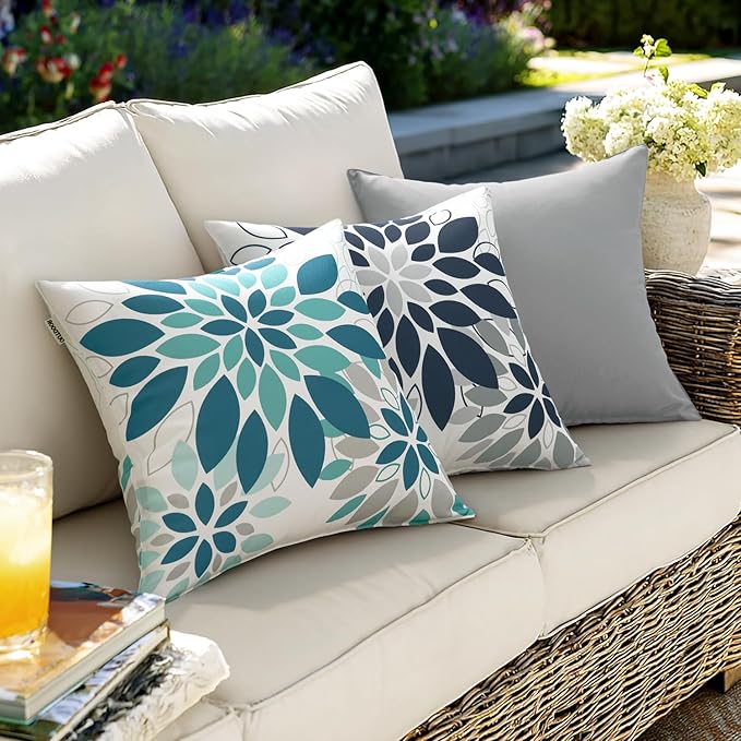 Floral Outdoor Pillow Covers Waterproof Spring Throw Pillow Cases Black Grey 18x18 Inch Set of 2 Decorative Summer Cushion Covers for Patio Furniture Garden Bench Porch Sofa