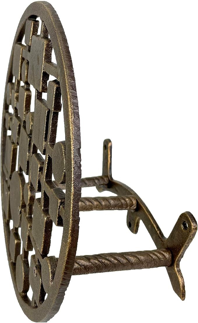 Zeckos Mid-Century Modern Cast Iron Circles & Squares Hose Holder – Bronze Finish, Wall-Mounted, Weather Resistant, Durable Outdoor Storage, 11.75 Inch Diameter