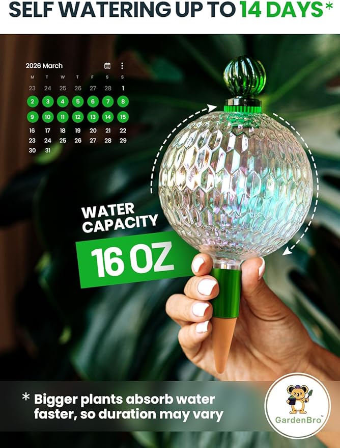 16 Oz. Plant Watering Globes for Indoor Plants with Terracotta Self Watering Planter Insert - Hand-Blown XL Glass Globes - Automatic Indoor Planter Waterer, Gift Idea for Gardeners [1, Textured]