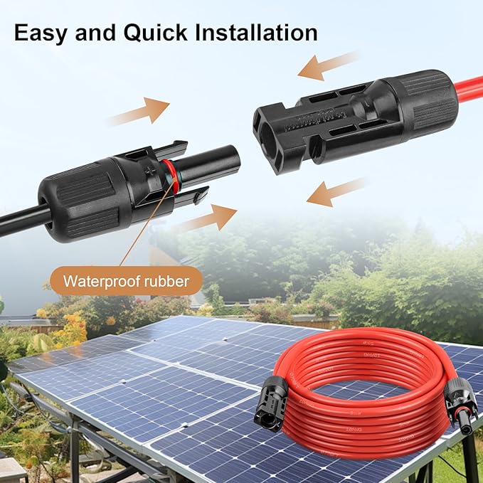 MOOKEERF Solar Panel Extension Cable - 10AWG 100FT PV Wire with Waterproof Female & Male Connectors for RV, Home, Boat, Car (Red + Black)