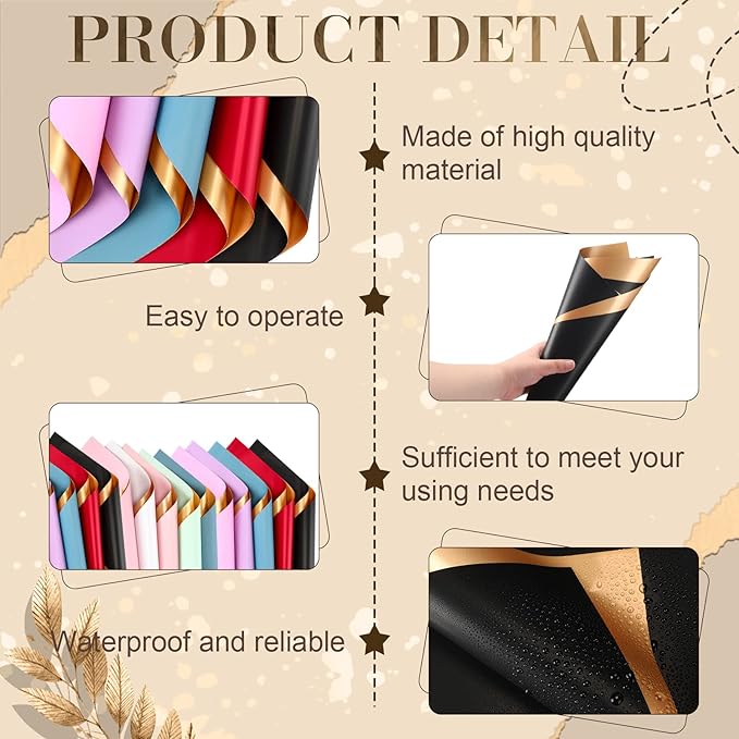 Nezyo 100 Sheets Waterproof Flower Wrapping Paper Double Sided Golden Floral Paper Korean Wrapping Bouquet for Bridal Wedding Mother's Day DIY Florist Craft Gift Supplies, 23 x 23 Inch