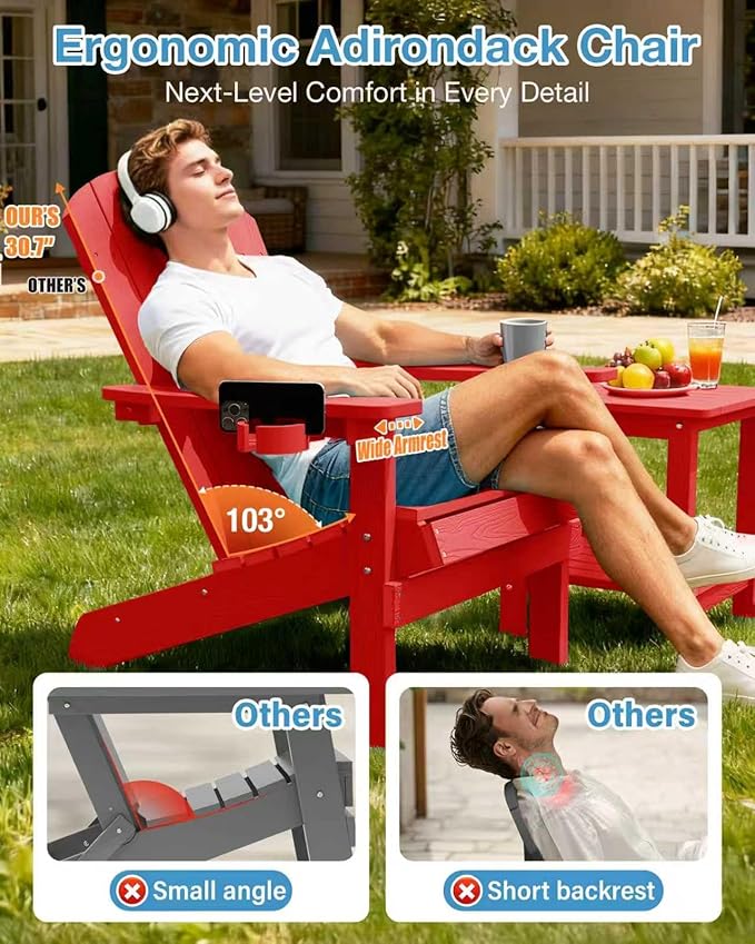 YEFU Adirondack Chairs Set of 4: Outdoor Chair HIPS Plastic Adirondack Chairs - Patio Chairs with Wood Texture - Lawn Fire Pit Deck Porch Garden Chairs for Adults (Red)