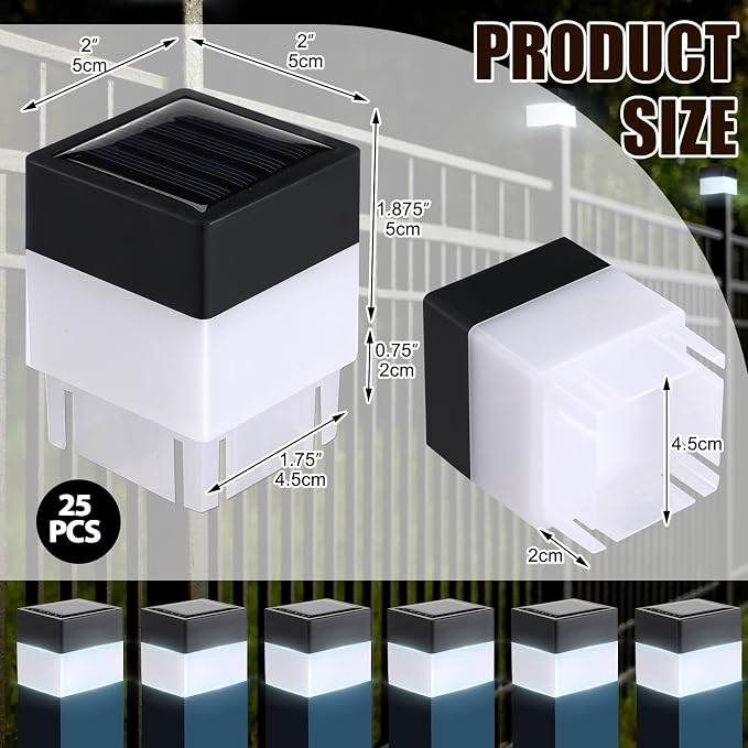 Tujoe Solar Post Cap Lights Fence Post Solar Lights 2in x 2in (5cm x 5cm)(White,25 Pack)