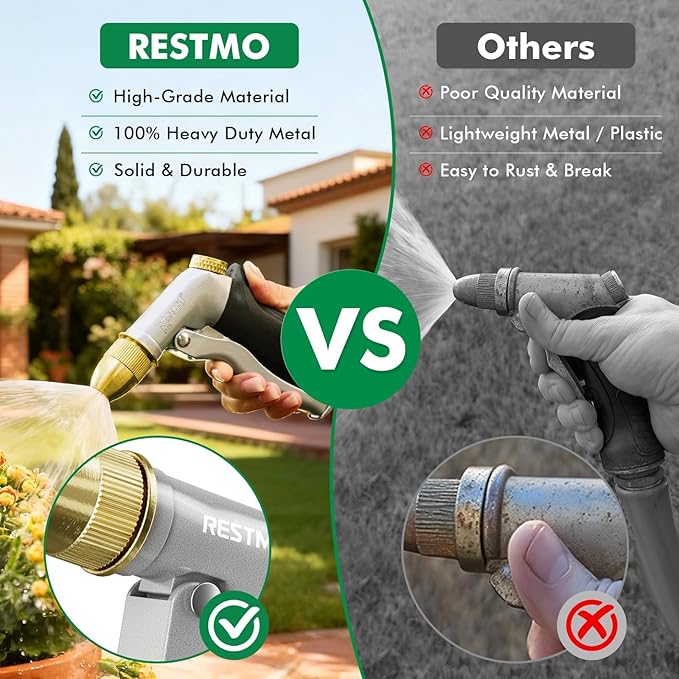 RESTMO Heavy Duty Metal Water Hose Nozzle, High Pressure Garden Hose Nozzle, Hose Sprayer Nozzle with Adjustable Spray Patterns for Garden Watering, Car Washing, Patio and Pet, Black