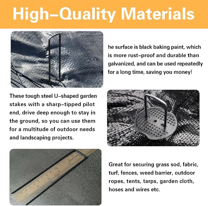 Bakulyor 150pcs Black Landscape Staples + 150pcs Buffer Washer, 6 Inch 11 Gauge Garden Stakes Staples, U Shaped Galvanized Lawn Pins Heavy Duty Yard Ground Pin for Weed Barrier Sod Fabric Decorations