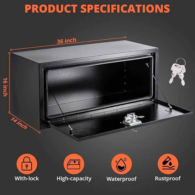 Black Steel Underbody Truck Tool Box with t-Handle Lock & Keys, Heavy Duty Storage Organizer Tool Chest for Pickup Truck Bed, RV & Trailer