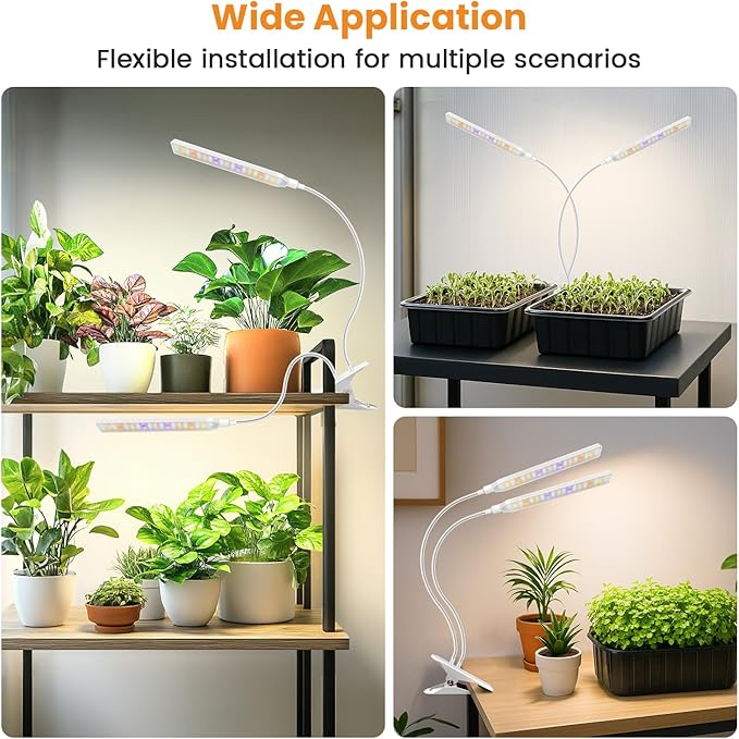 Kullinss White Grow Light, 2-Head Clip On Grow Lights for Indoor Plants with 6/12/16H Timer, 3 Color Modes, 5 Dimmable Levels, 114 LEDs Full Spectrum Plant Lights for Indoor Plants, Herbs, Seedlings