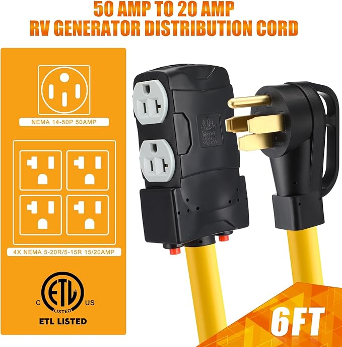 Kanayu 6ft 50 Amp to 20 Amp 110v Rv Distribution Adapter Compatible with Nema 14-50p to 4X 5-20r/ 5-15r 4 Prong Rv Generator Dryer Wall Socket for Four Household Outlet with 20amp Circuit Breaker