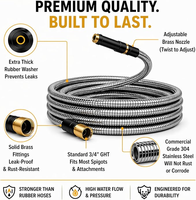 100 FT Metal Garden Hose, Stainless Steel Water Hose, Kink-Free Lightweight Heavy Duty Garden Hose with Brass Fittings & Nozzle, Flexible Non-Expandable Hose