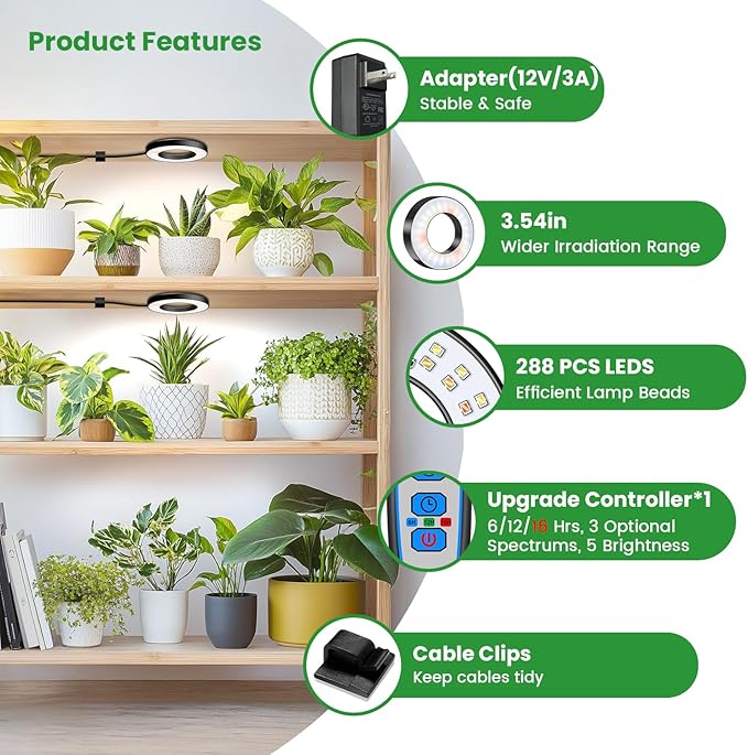 Wiaxulay Ceiling Grow Lights for Indoor Plants, 288 LED Full Spectrum 3.5in Halo Plant Grow Light, 12/3A Under Cabinet Grow Lamp with Auto Timer 6/12/16 Hrs, 3 Lighting Mode, 5 Brightness, Six Head
